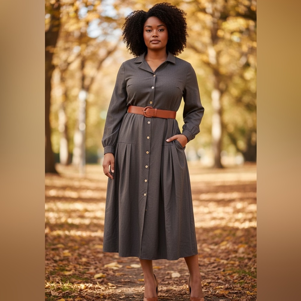 Sharagano Button-Front Long Sleeve Dress in brown.